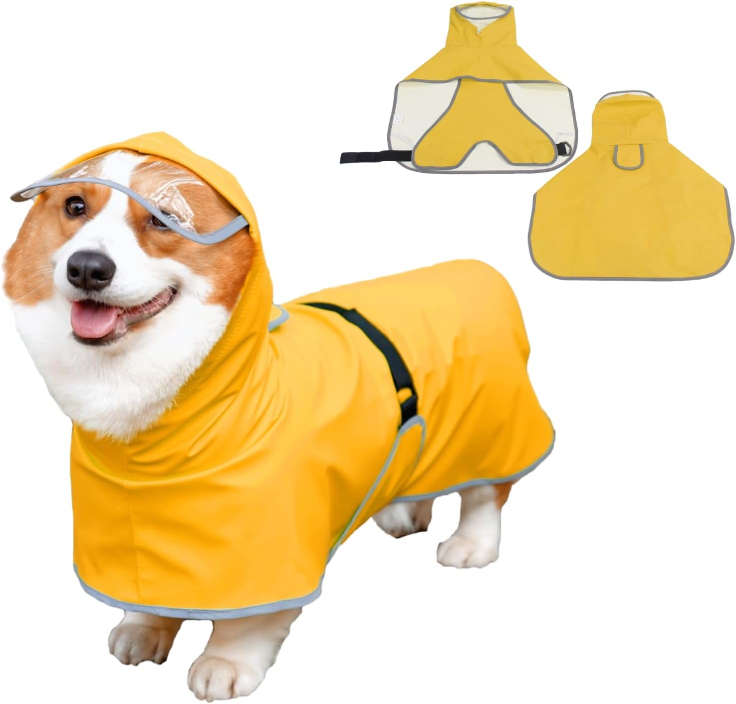 Dog Raincoat with Belly Strap and Leash Hole Adjustable Hood Slicker Reflective Strip Waterproof Lightweight Poncho Jacket with Storage Bag