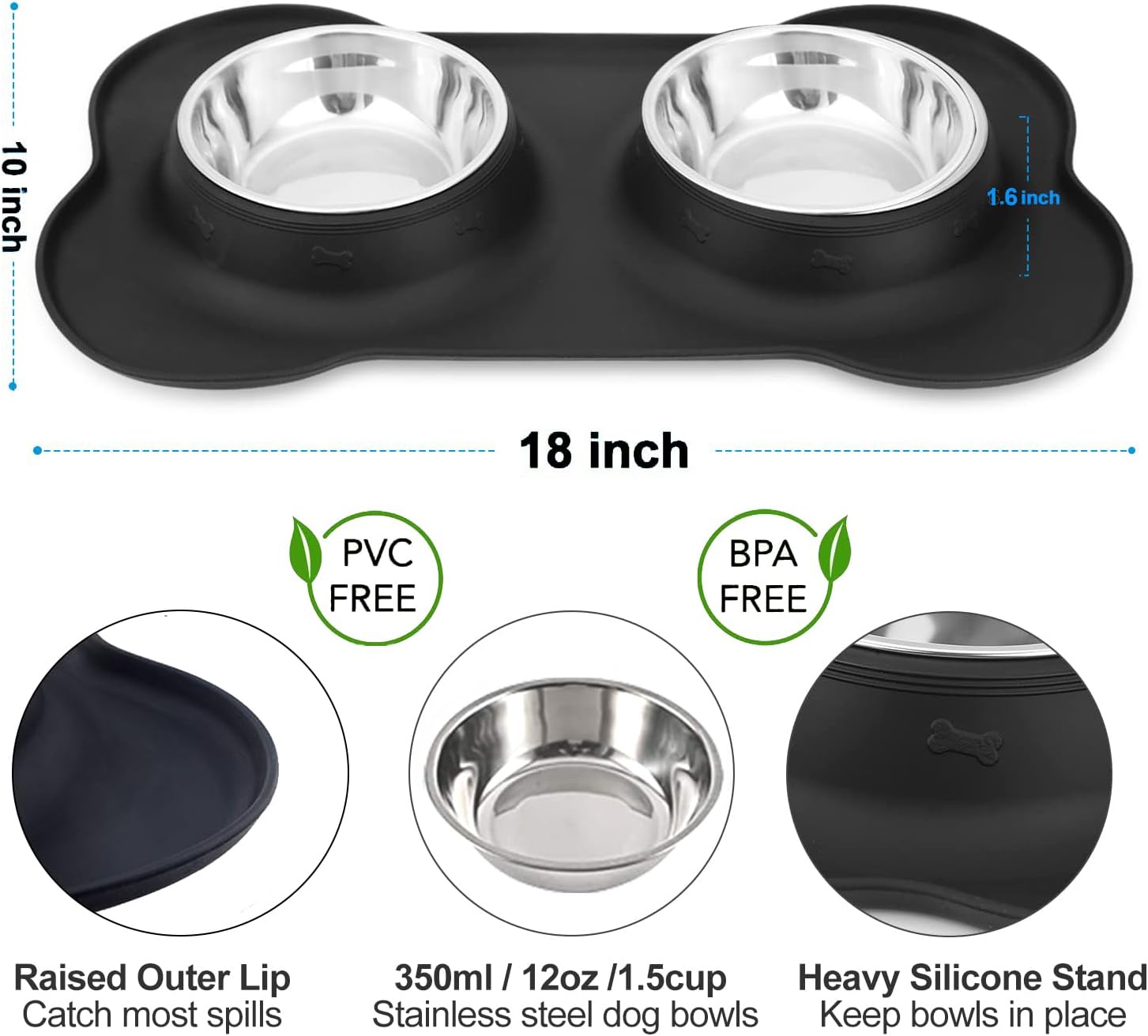 Dog Food Bowls Stainless Steel & Water Dish with No-Spill and Non-Skid, Feeder Bowls with Dog Food Dish for Small Medium Large Size,Dogs,Cats,Puppy Pets, Black, 12oz