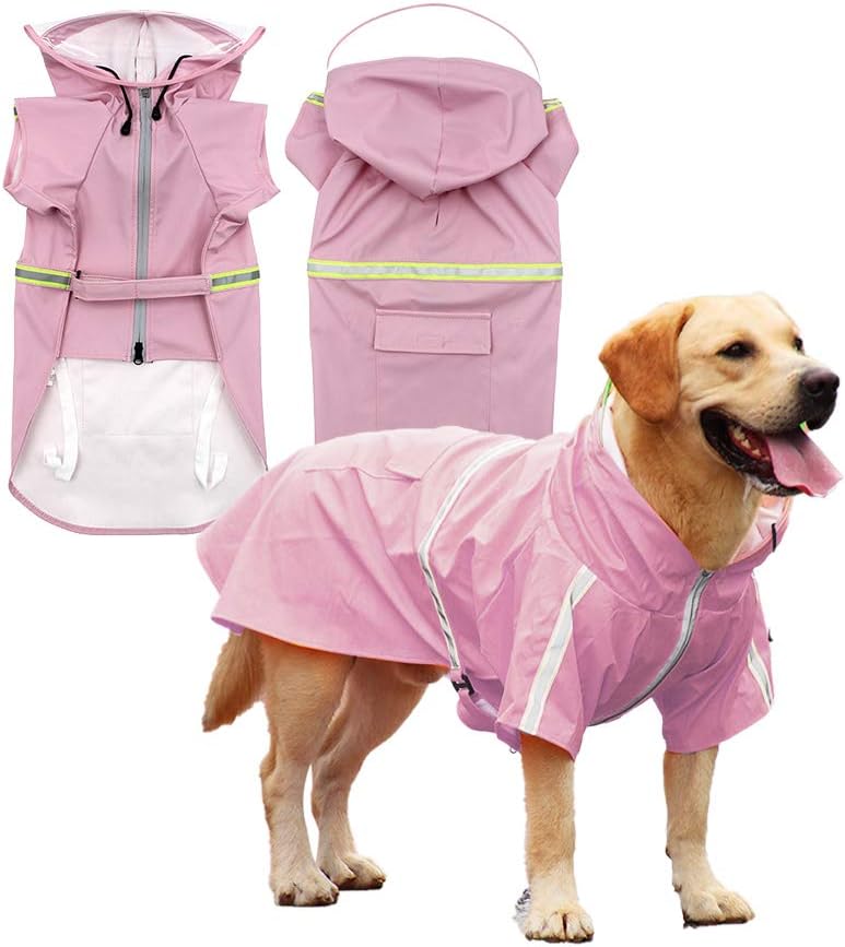 Dog Raincoat Casual Light Pet Raincoat Reflective Waterproof Dog Raincoat with Transparent Hat Large Dog Medium Dog (Pink,(Back Length 23.62in))-Fits 30-50 pounds for Dogs