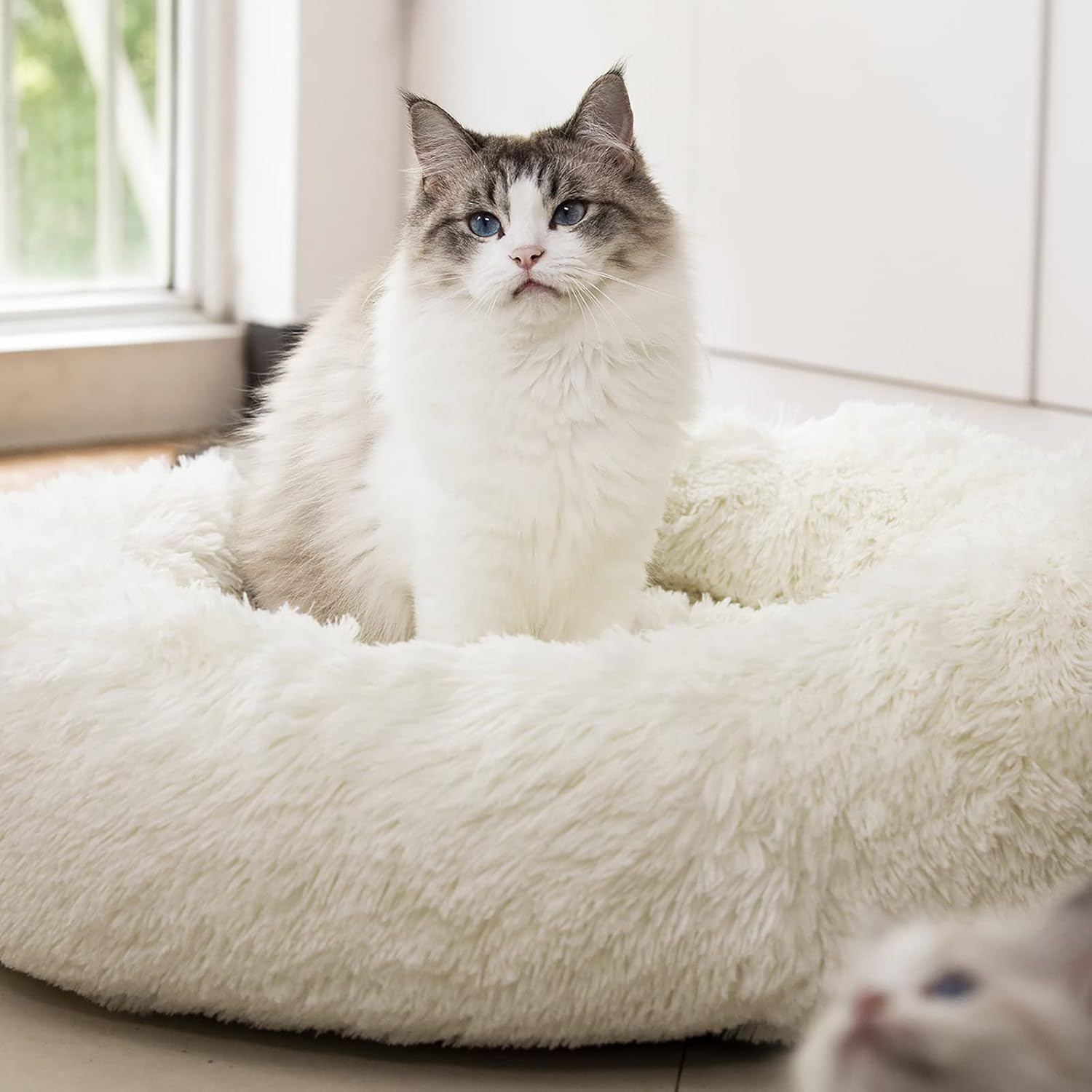 20-Inch Anti-Anxiety Fluffy Plush Faux Fur Round Bed for Relieving Joints and Improving Sleep in Pets, White