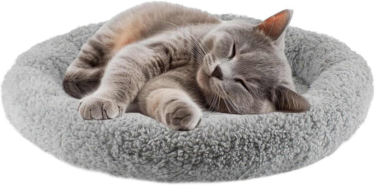 15.7-Inch Round Curl Sleep Cushion Bed with Raised Pillow Edge and Non-Slip Bottom for Small Pets