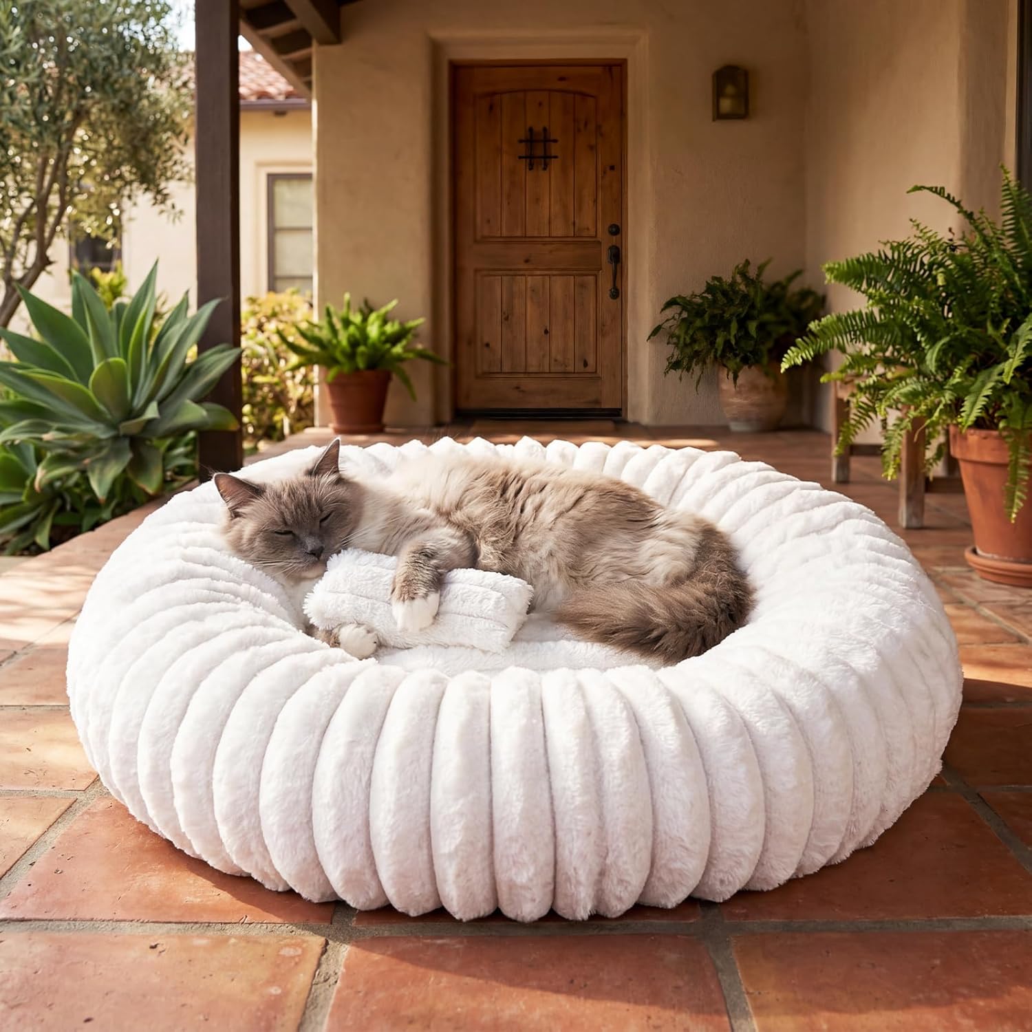 Small Egg Tart Shape Self-Warming Donut Bed with Non-Slip Bottom, Portable Washable for Indoor Cats and Puppies