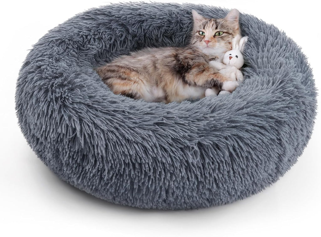 20-Inch Soft Warm Donut Calming Bed with Faux Fur and Supportive Raised Rim, for Cats up to 15lbs, Dark Gray