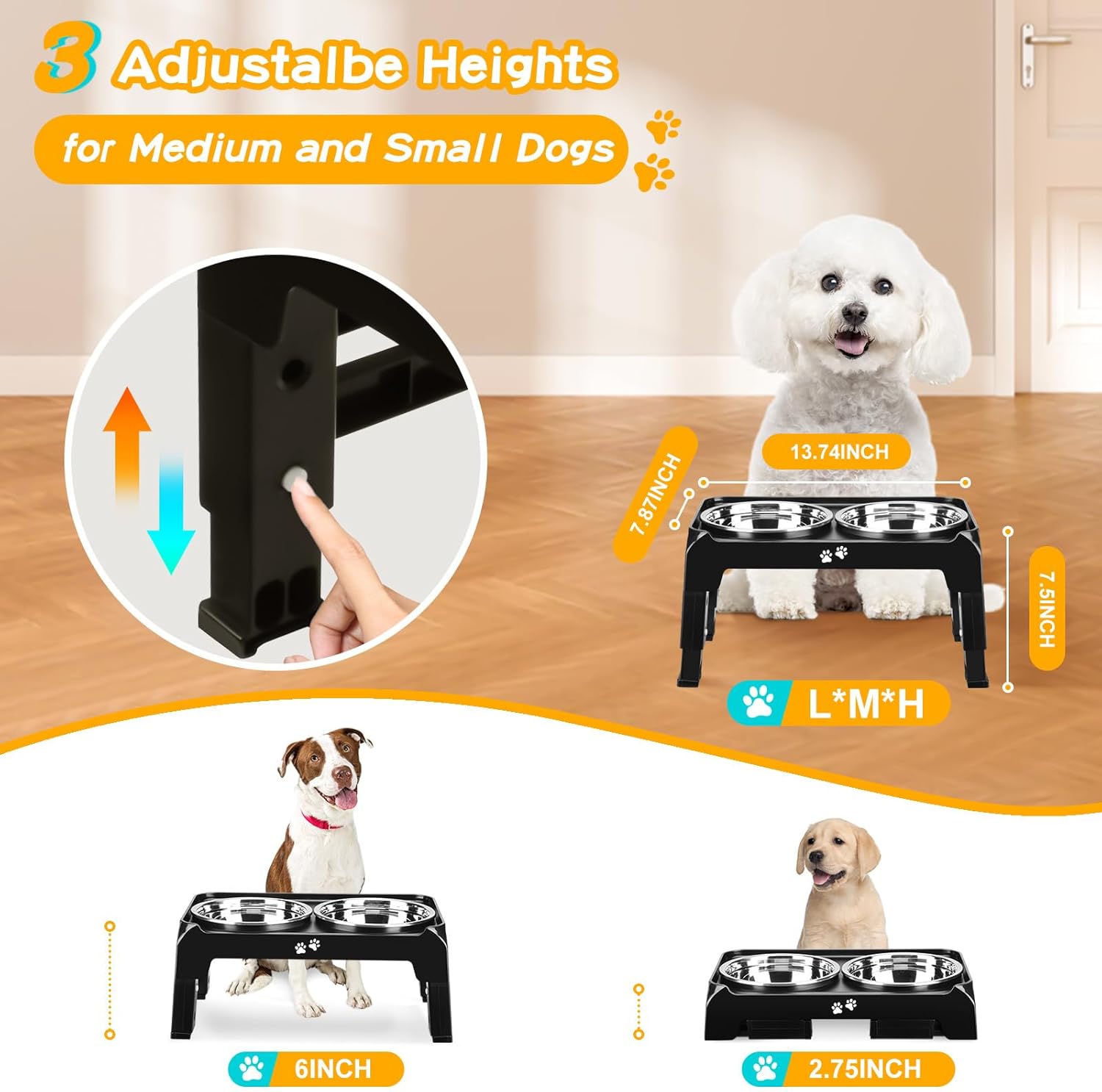 Elevated Dog Bowls for Small Medium Dogs, 3 Height Adjustable Raised Stand with 2 Thick 6" Stainless Steel Food Bowls, Non-Slip Feeder Adjusts to 2.75", 6", 7.5", Black