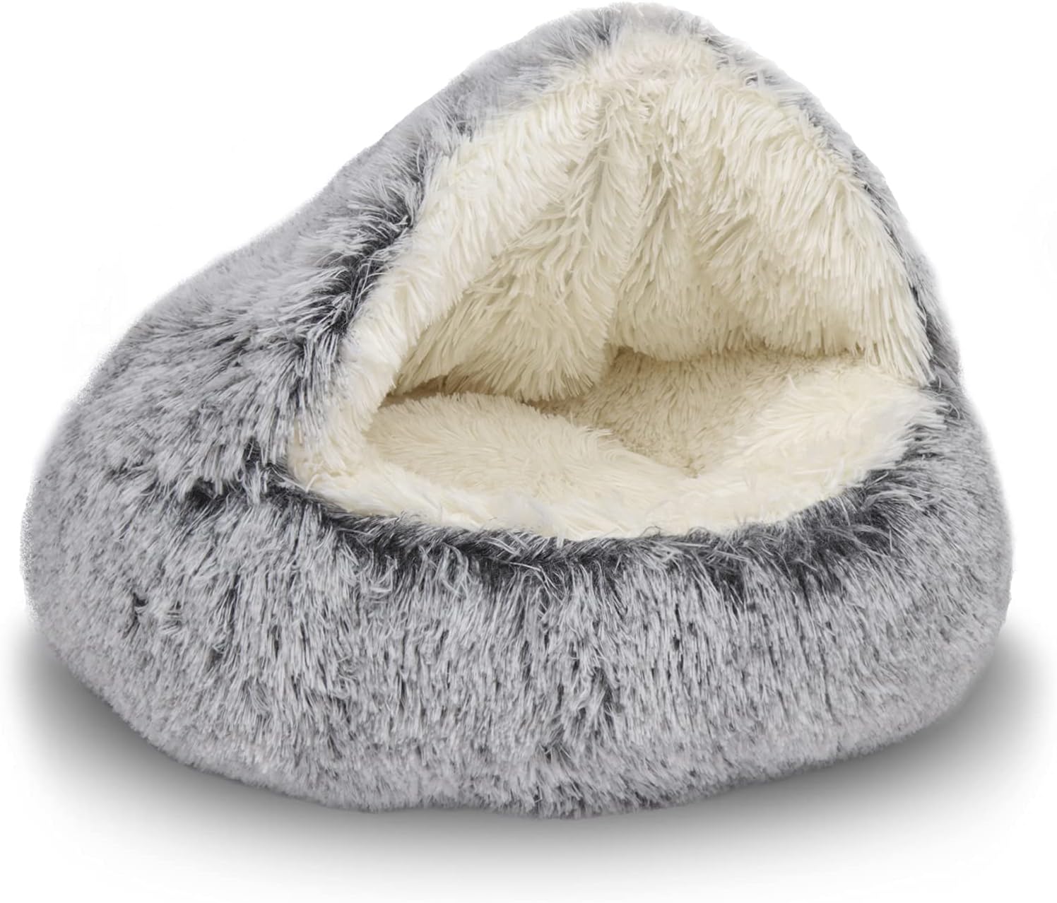20-Inch Round Plush Hooded Donut Cave Bed with Soothing Design and Waterproof Bottom for Indoor Cats, Gray