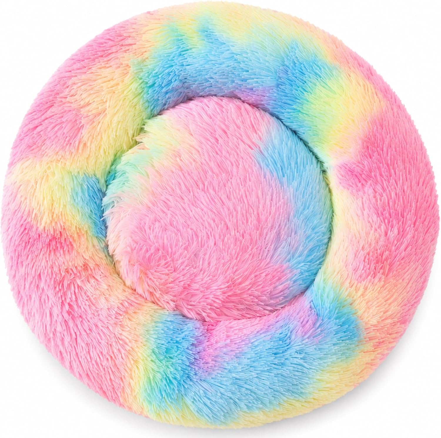 13.2-Inch Extra Soft Fluffy Plush Donut Bed with Water-Resistant Base, Cozy Warming for Kittens, Rainbow