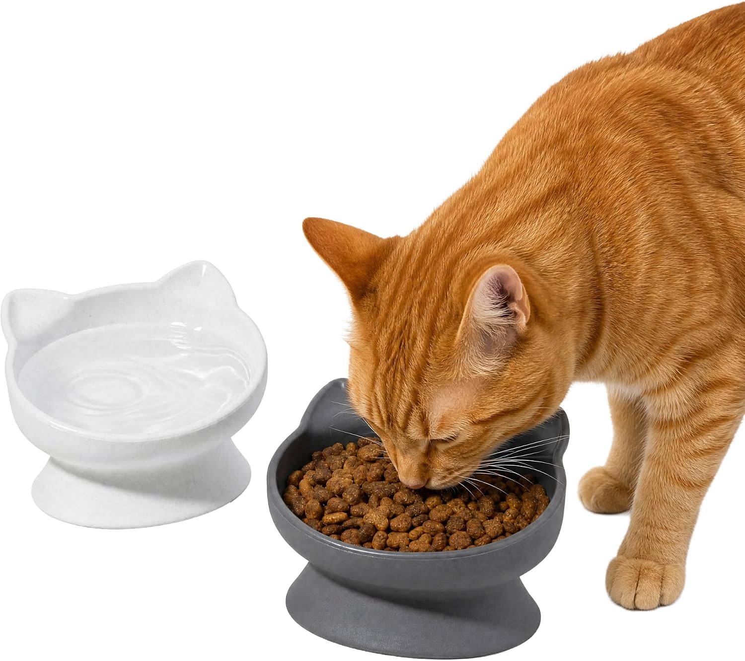 Elevated Cat Bowls (Set of 2), Whisker-Friendly Raised Cat Food & Water Dishes, Modern Pedestal Design, Dishwasher Safe, 6.5 oz Each – White & Gray