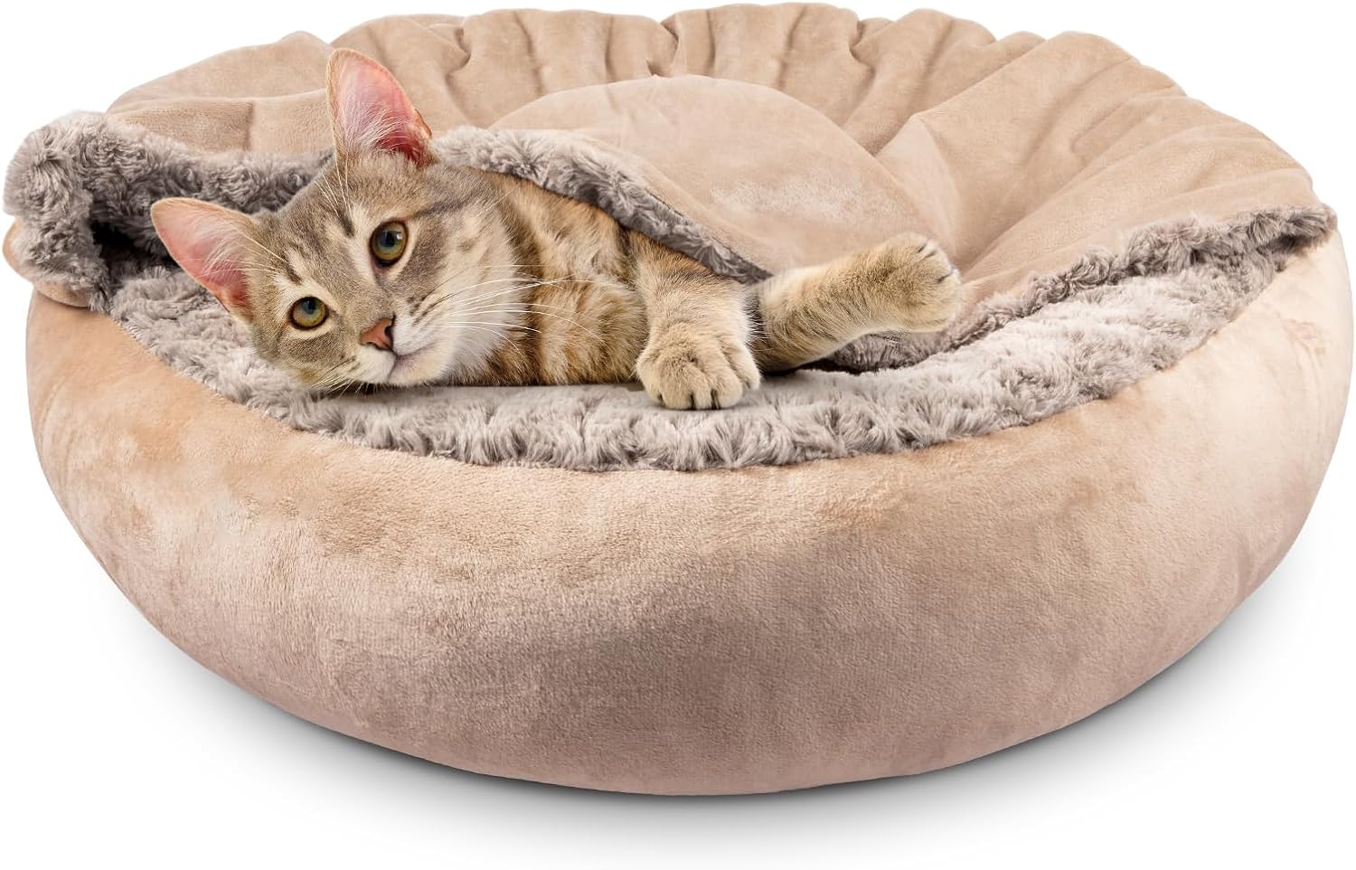 23-Inch Luxury Round Donut Burrow Cave Bed with Hooded Blanket for Cozy Cuddling and Anti-Anxiety, Machine Washable