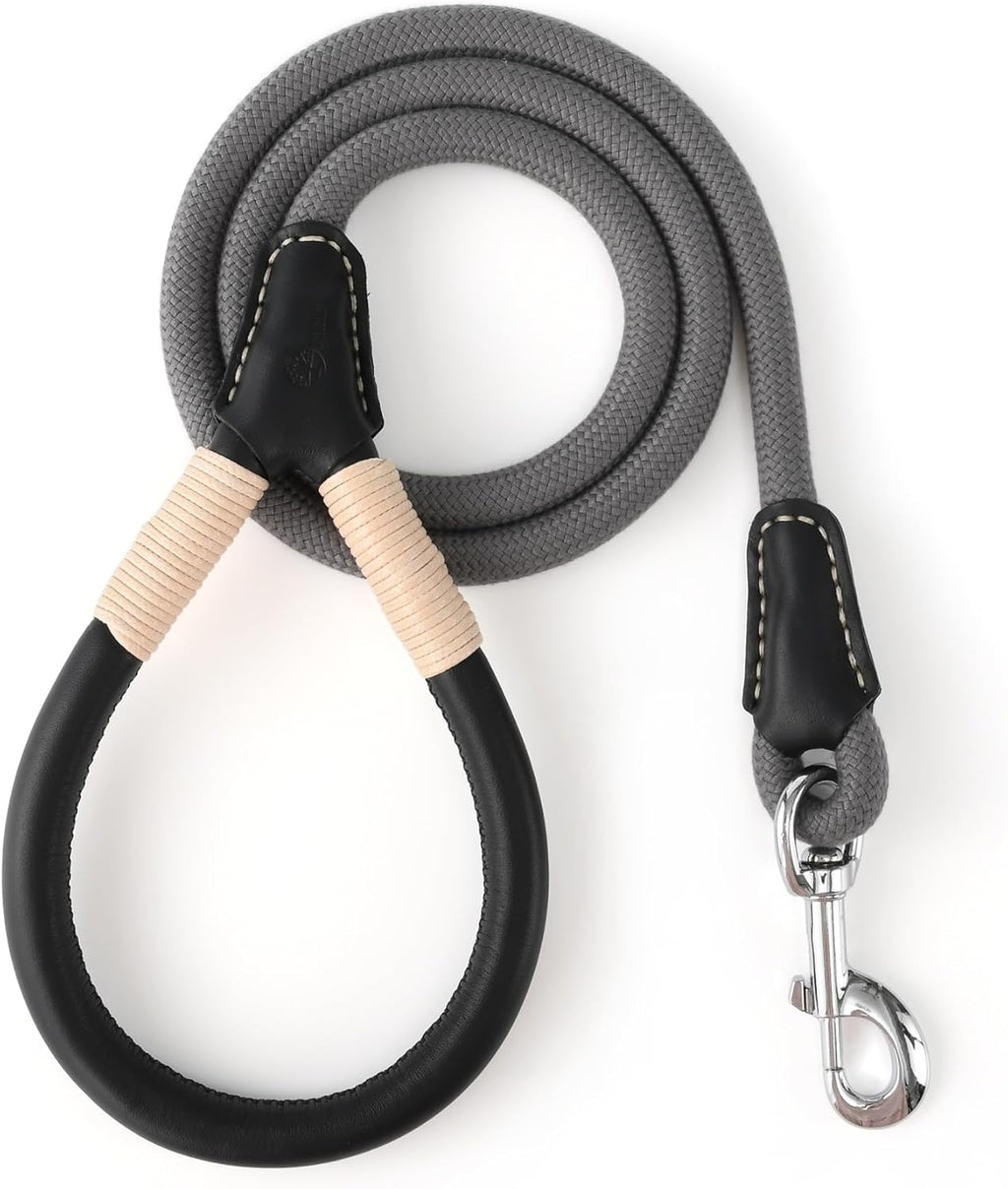 Dog Leash | Strong Rope Dog Leash w Premium Leather Tailor Handle | 4 Feet Dog Leash w Heavy Duty Clasp | Grey Rope Leash for Small Medium Large Dogs | Diameter 1/2"