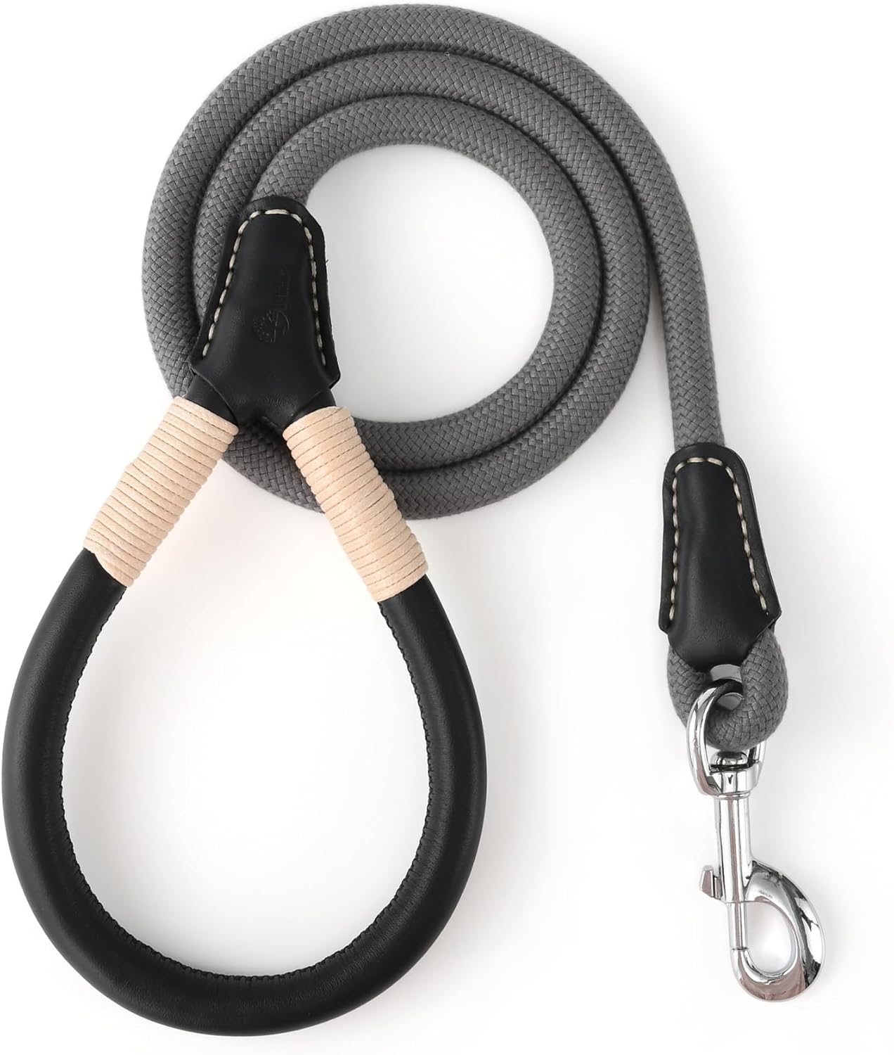 Dog Leash | Strong Rope Dog Leash w Premium Leather Tailor Handle | 4 Feet Dog Leash w Heavy Duty Clasp | Grey Rope Leash for Small Medium Large Dogs | Diameter 1/2"