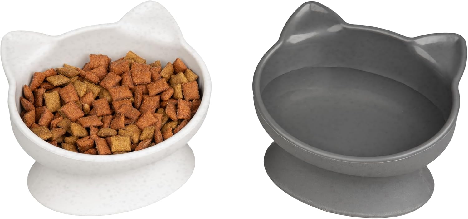 Elevated Cat Bowls (Set of 2), Whisker-Friendly Raised Cat Food & Water Dishes, Modern Pedestal Design, Dishwasher Safe, 6.5 oz Each – White & Gray