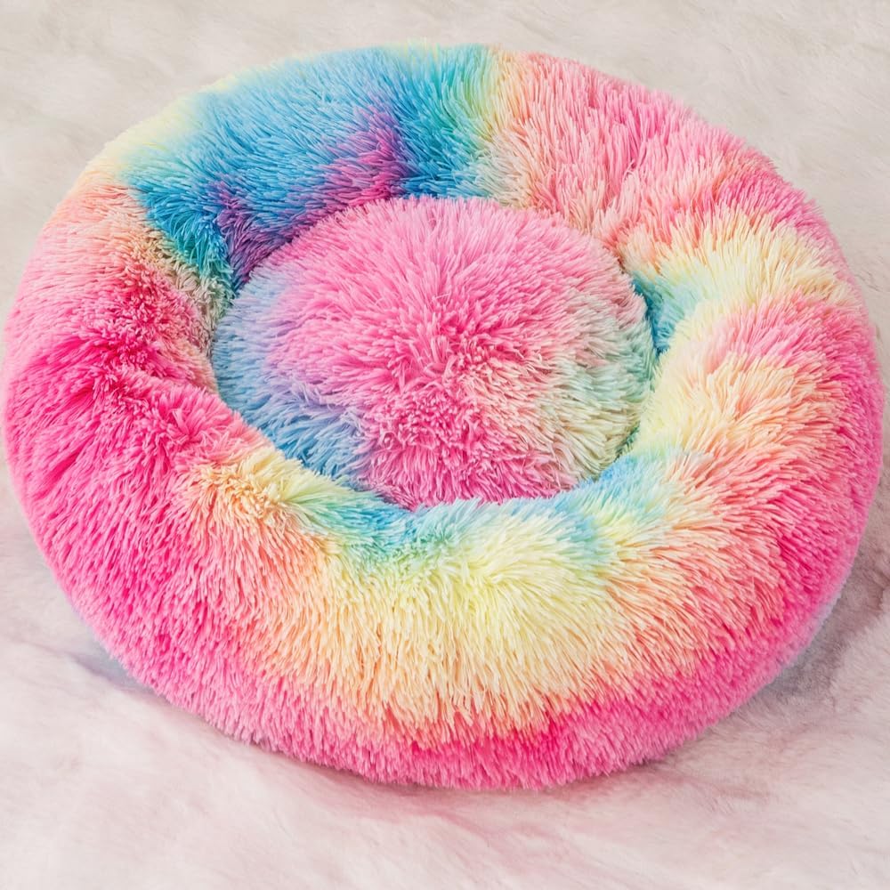 13.2-Inch Extra Soft Fluffy Plush Donut Bed with Water-Resistant Base, Cozy Warming for Kittens, Rainbow