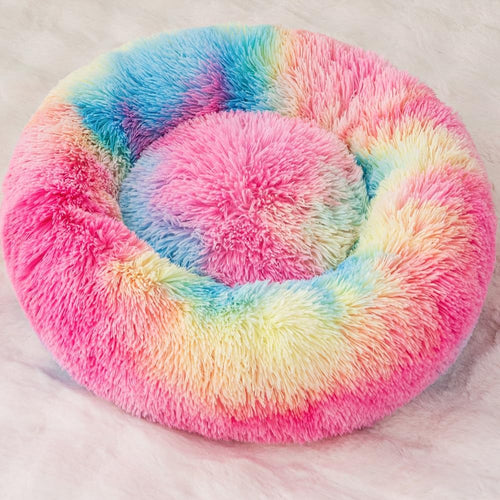 13.2-Inch Extra Soft Fluffy Plush Donut Bed with Water-Resistant Base, Cozy Warming for Kittens, Rainbow