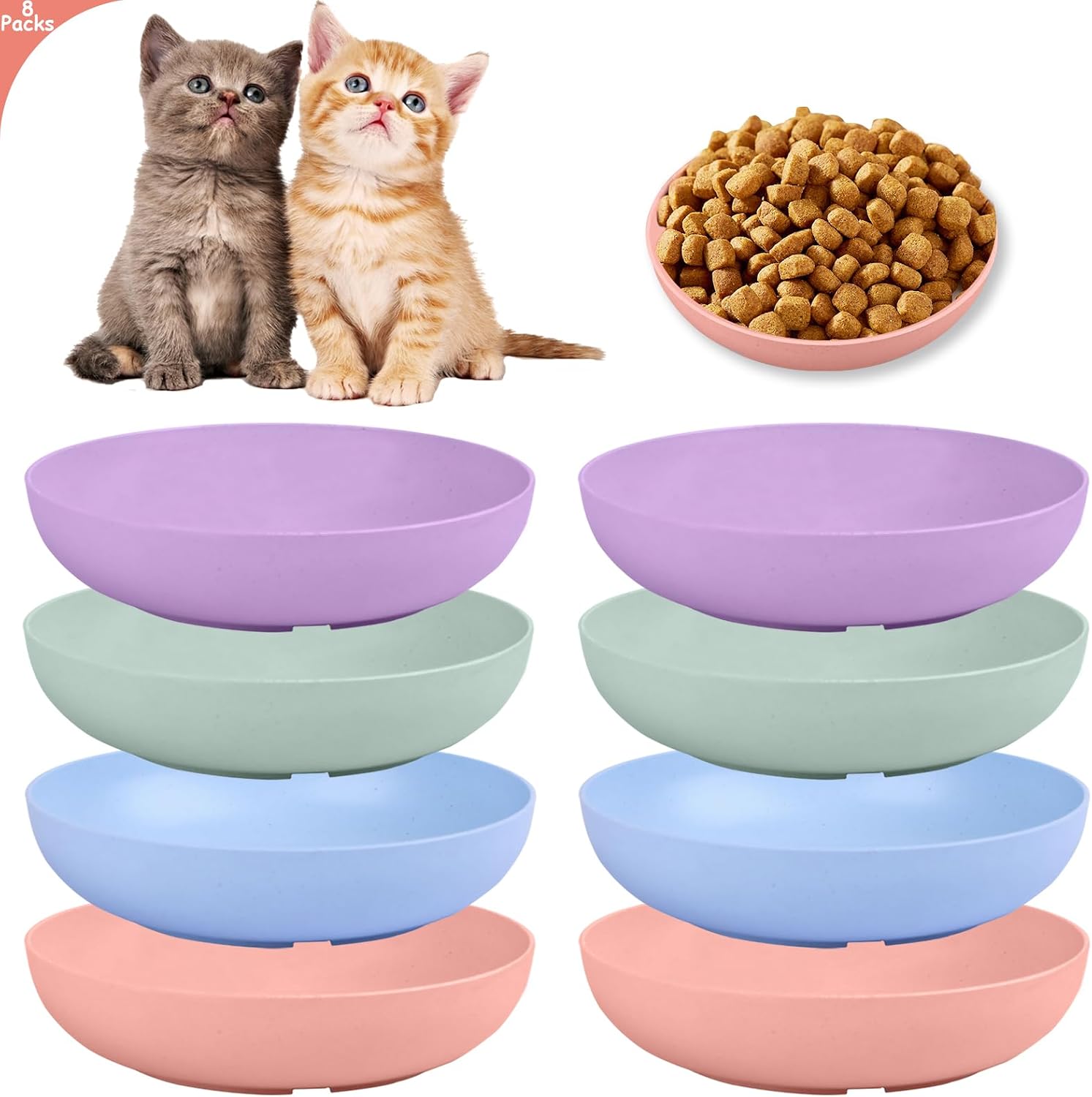 [8-Pieces] Whisker Fatigue Cat Bowl - 5.5 Inch Shallow Cat Food Dish Wide Cats Wet Feeding Bowls, PET Plate for Kittens and Short Legged Cats (Type-A Normal Bowls)