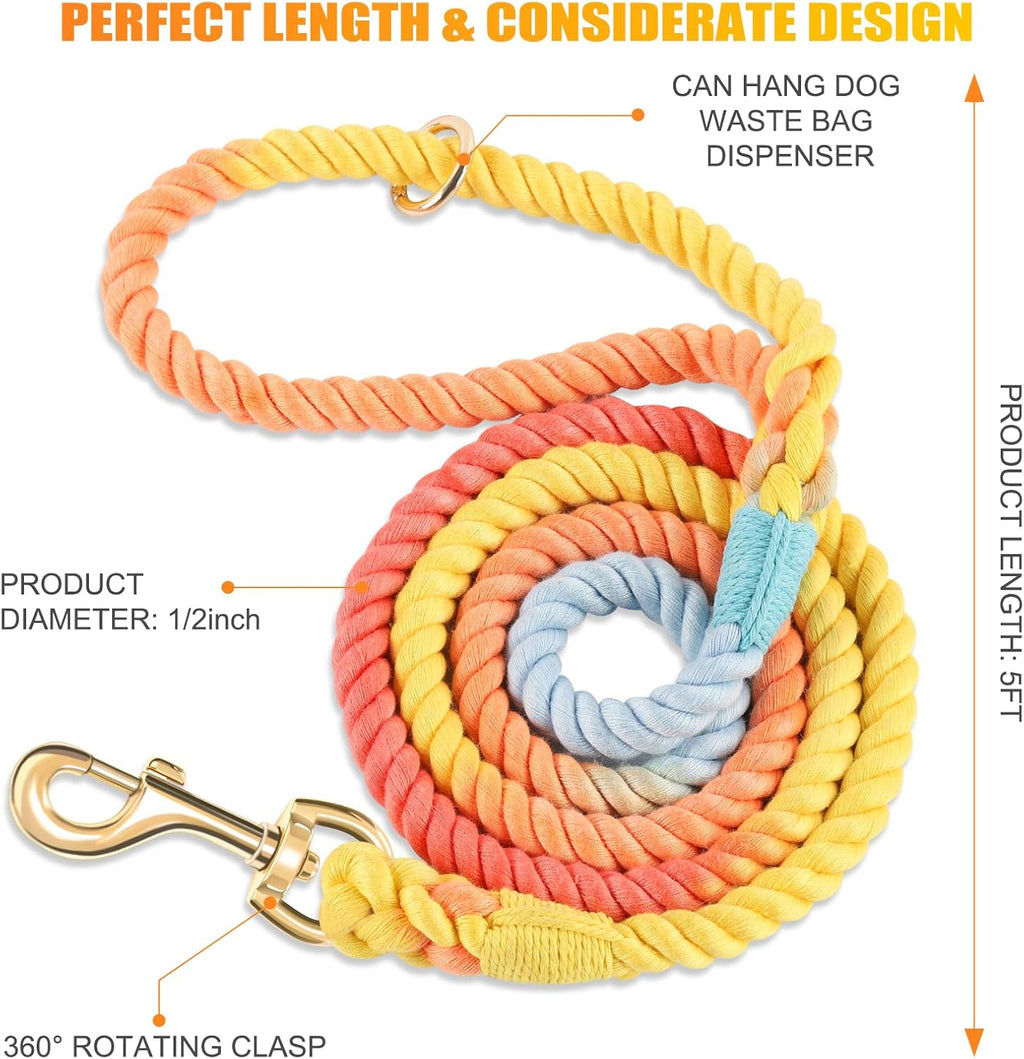 5 FT Dog Leash Handmade Braided Rope Dog Leash for Small Medium and Large Dogs, Colorful Rainbow