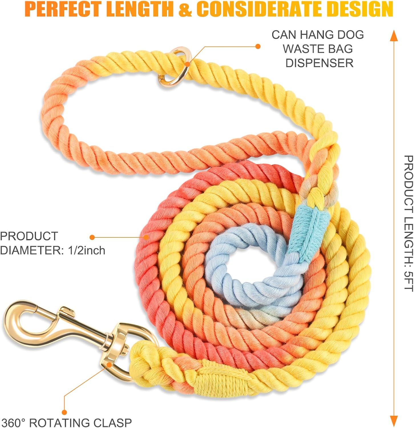 5 FT Dog Leash Handmade Braided Rope Dog Leash for Small Medium and Large Dogs, Colorful Rainbow