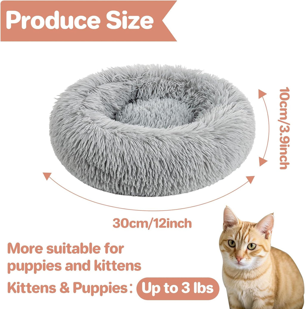 Small Washable Plush Donut Calming Bed with Faux Fur and Anti-Slip Base for Indoor Cats and Puppies, Light Gray