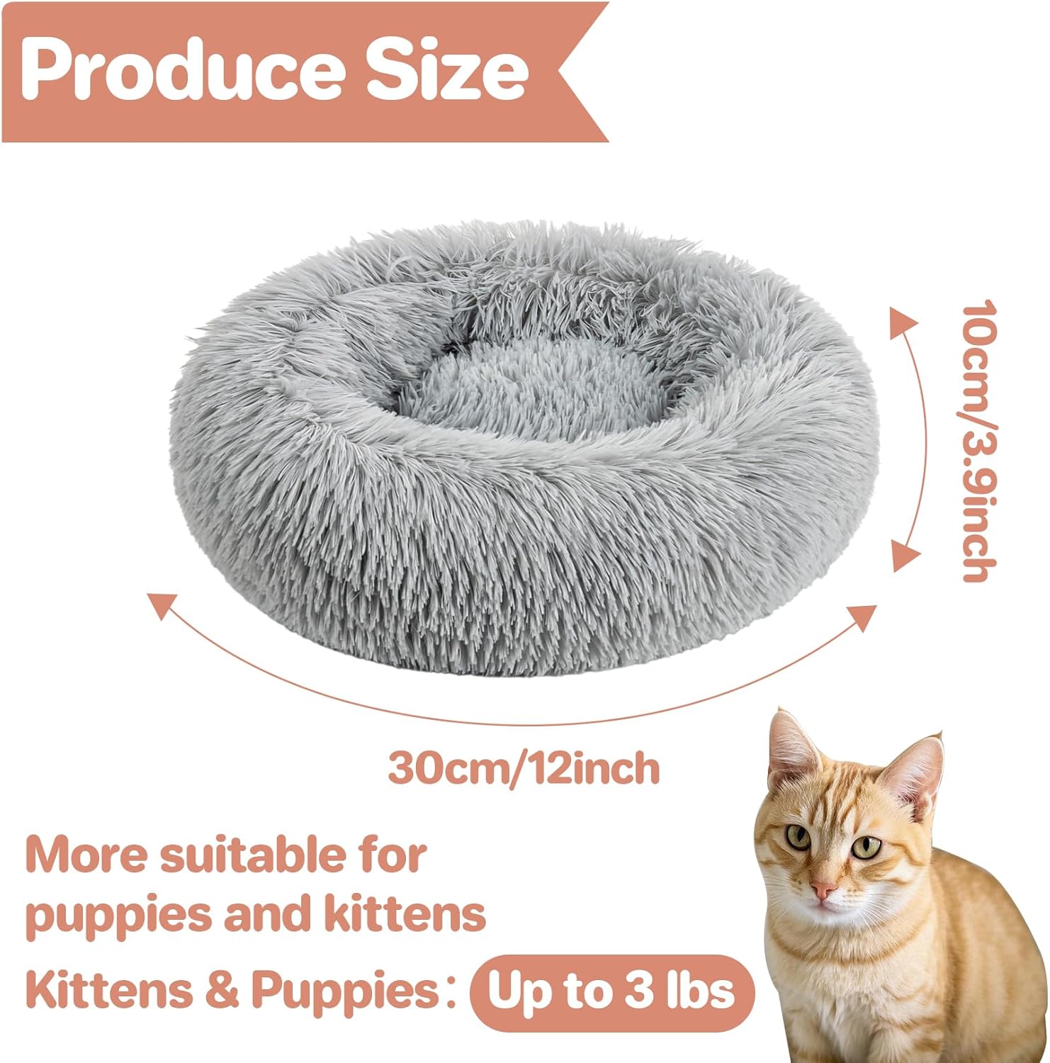 Small Washable Plush Donut Calming Bed with Faux Fur and Anti-Slip Base for Indoor Cats and Puppies, Light Gray