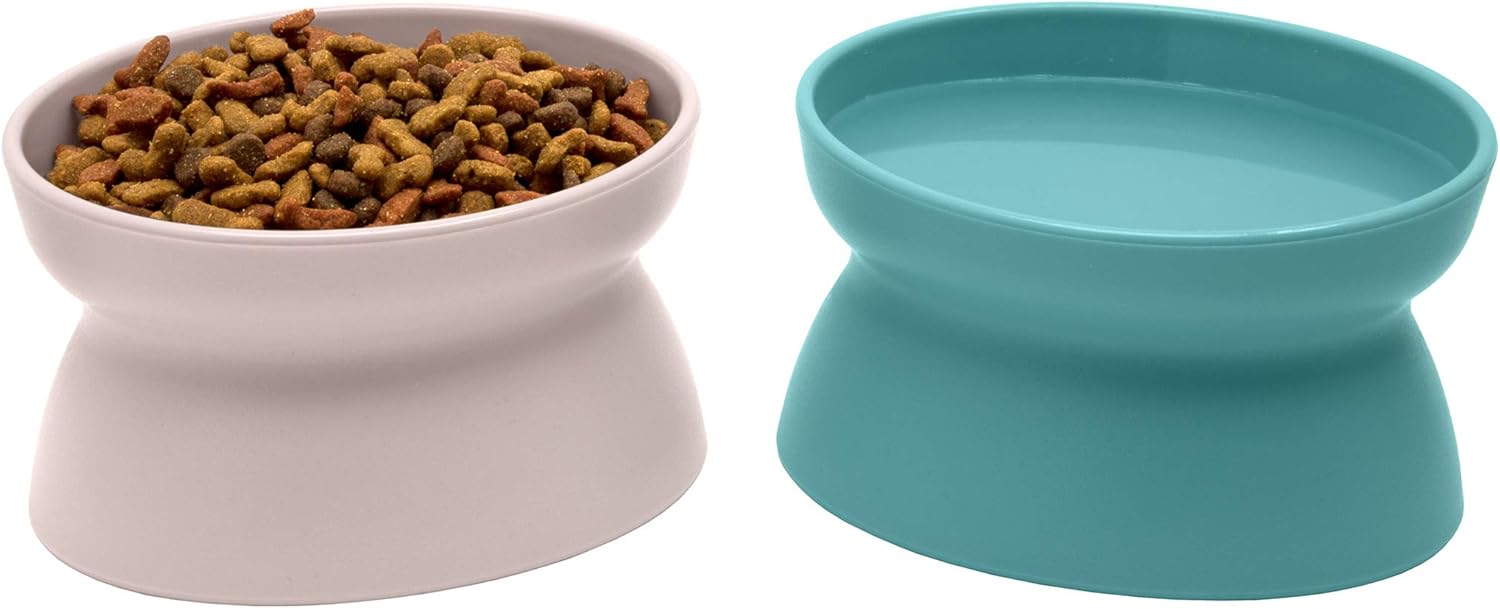 Elevated Cat Bowls (Set of 2), Whisker-Friendly Raised Cat Food & Water Dishes, Modern Pedestal Design, Dishwasher Safe, 6.5 oz Each – Teal & Light Pink
