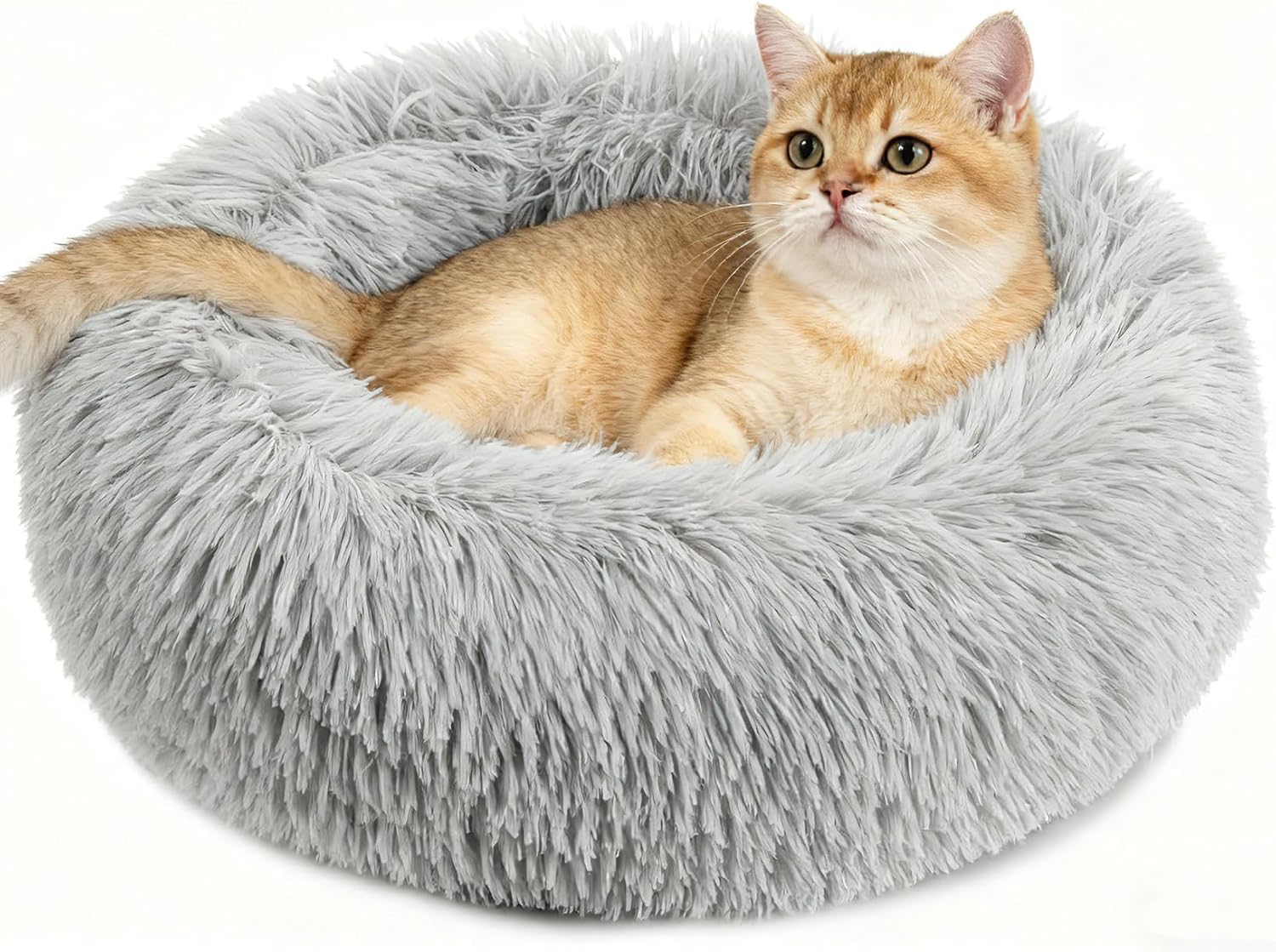Small Washable Plush Donut Calming Bed with Faux Fur and Anti-Slip Base for Indoor Cats and Puppies, Light Gray
