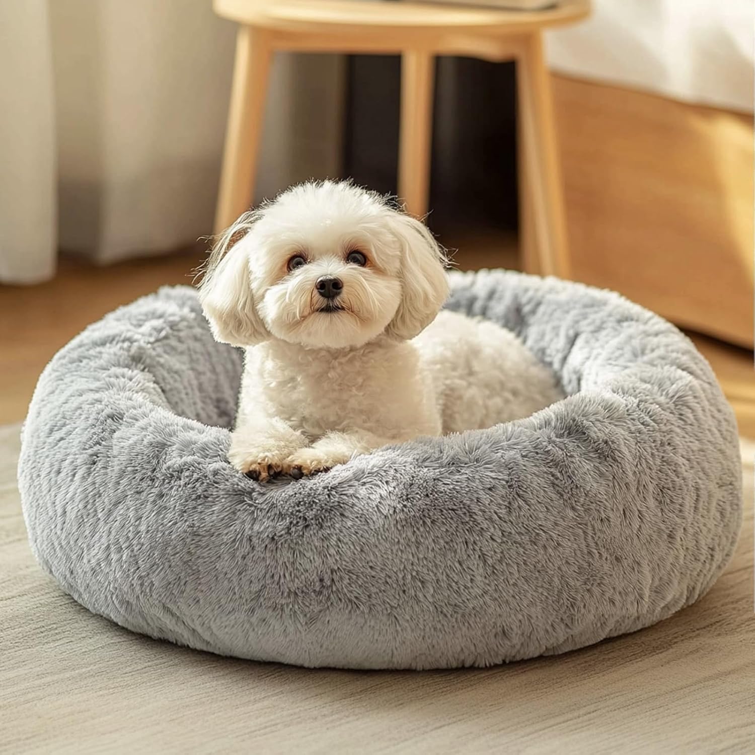 20-Inch Soft Calming Donut Cushion Bed, Washable Fluffy Round for Small and Medium Pets