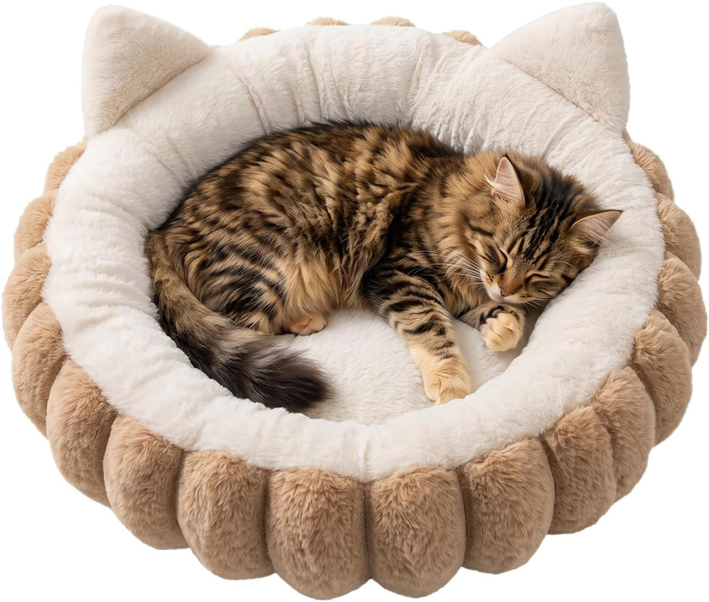 24-Inch Fluffy Round Donut Lounger with Raised Rim and Textured Bottom for Indoor Cats, Two-Tone Beige