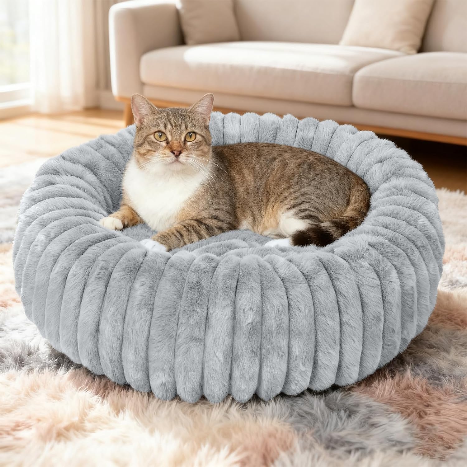 Small Washable Calming Round Donut Pet Bed with Anti-Slip Bottom for Indoor Cats and Small Dogs, Gray