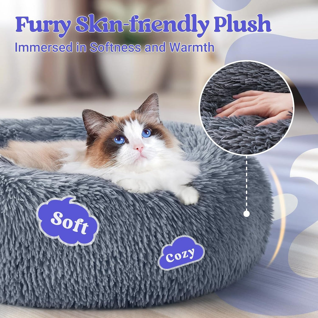 20-Inch Soft Warm Donut Calming Bed with Faux Fur and Supportive Raised Rim, for Cats up to 15lbs, Dark Gray