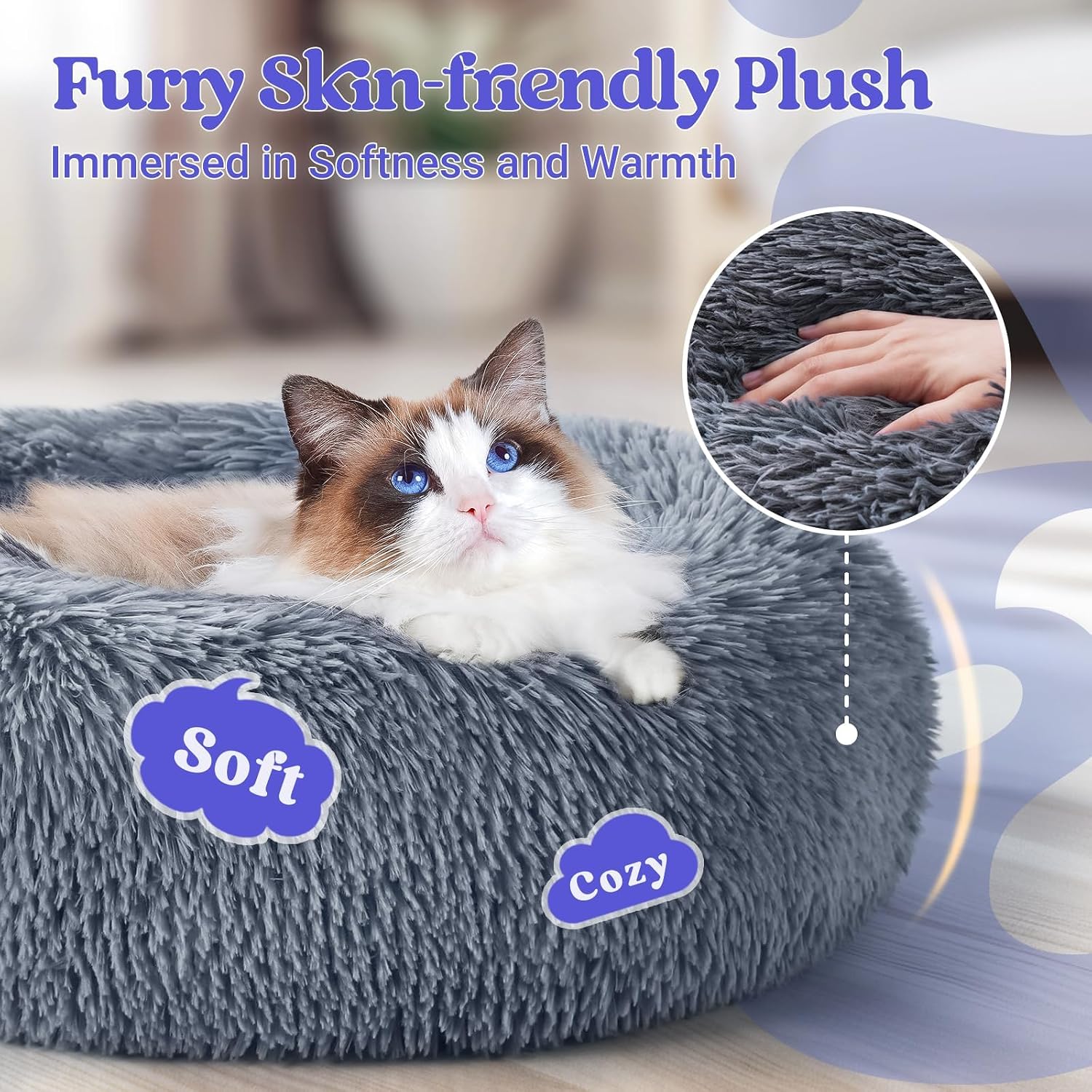 20-Inch Soft Warm Donut Calming Bed with Faux Fur and Supportive Raised Rim, for Cats up to 15lbs, Dark Gray