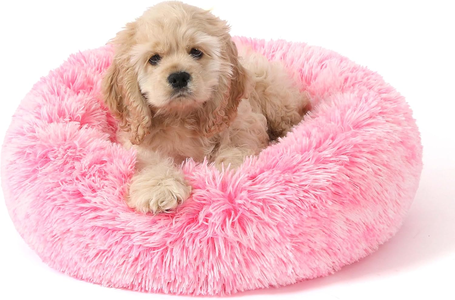 Plush Faux Fur Anti-Anxiety Donut Pet Bed with Machine Washable Cover and Non-Slip Base for Cats and Small Dogs