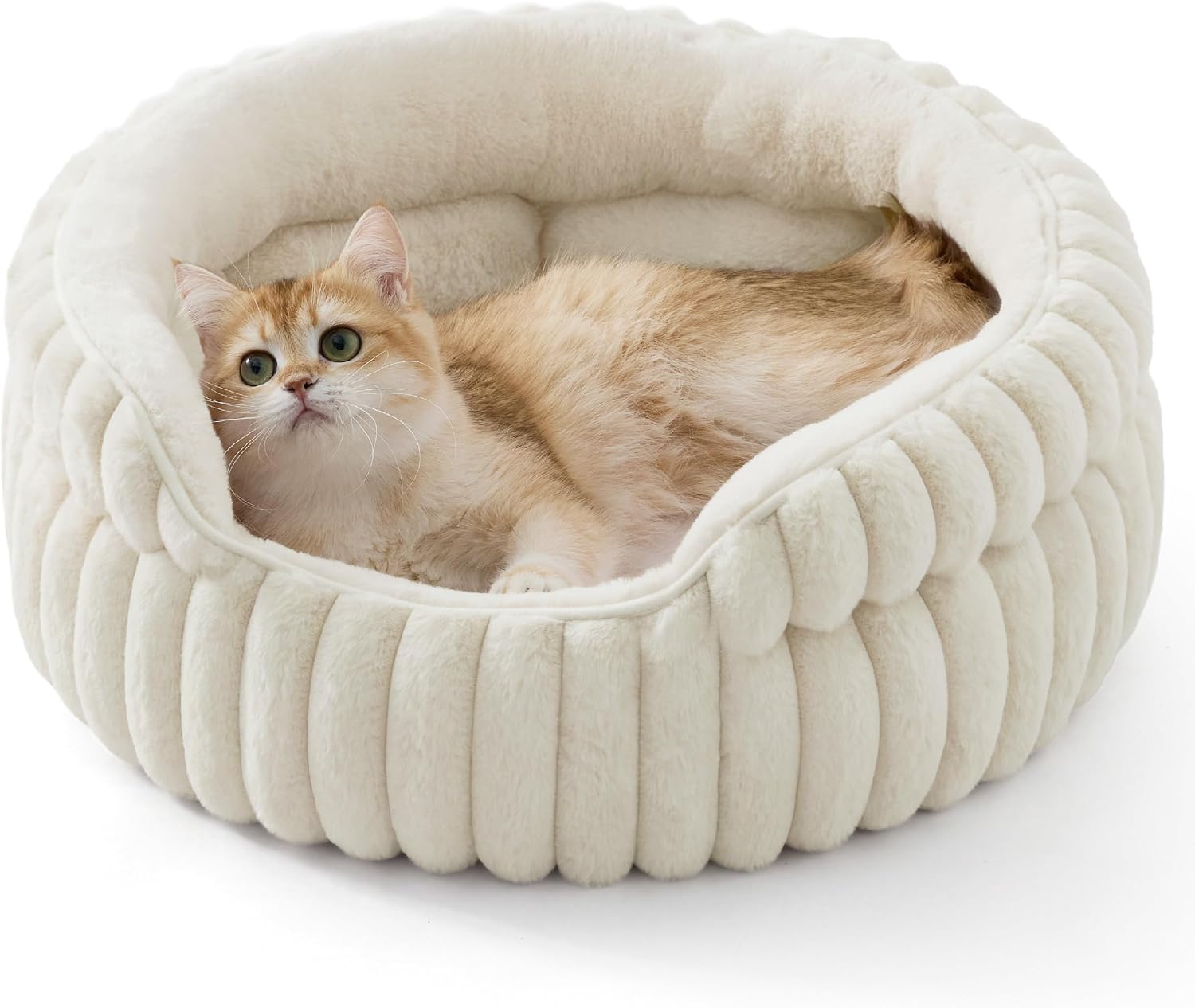 20-Inch Soft Round Donut Cuddler Pet Bed with Cozy Fleece and Anti-Slip Bottom, for Cats up to 15 Lbs, Cream