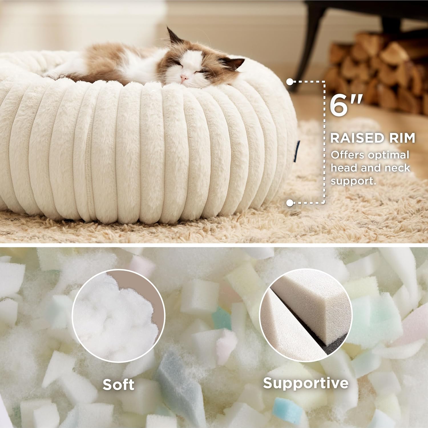 20-Inch Calming Donut Cat Bed with Removable Washable Fleece Cover and Supportive Plush Fill, Cream
