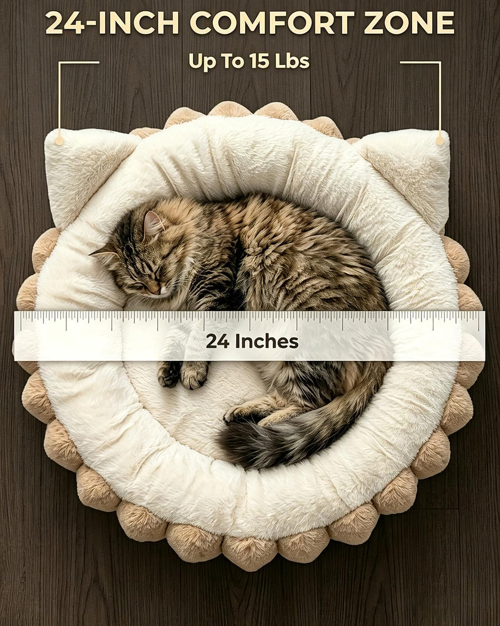 24-Inch Fluffy Round Donut Lounger with Raised Rim and Textured Bottom for Indoor Cats, Two-Tone Beige