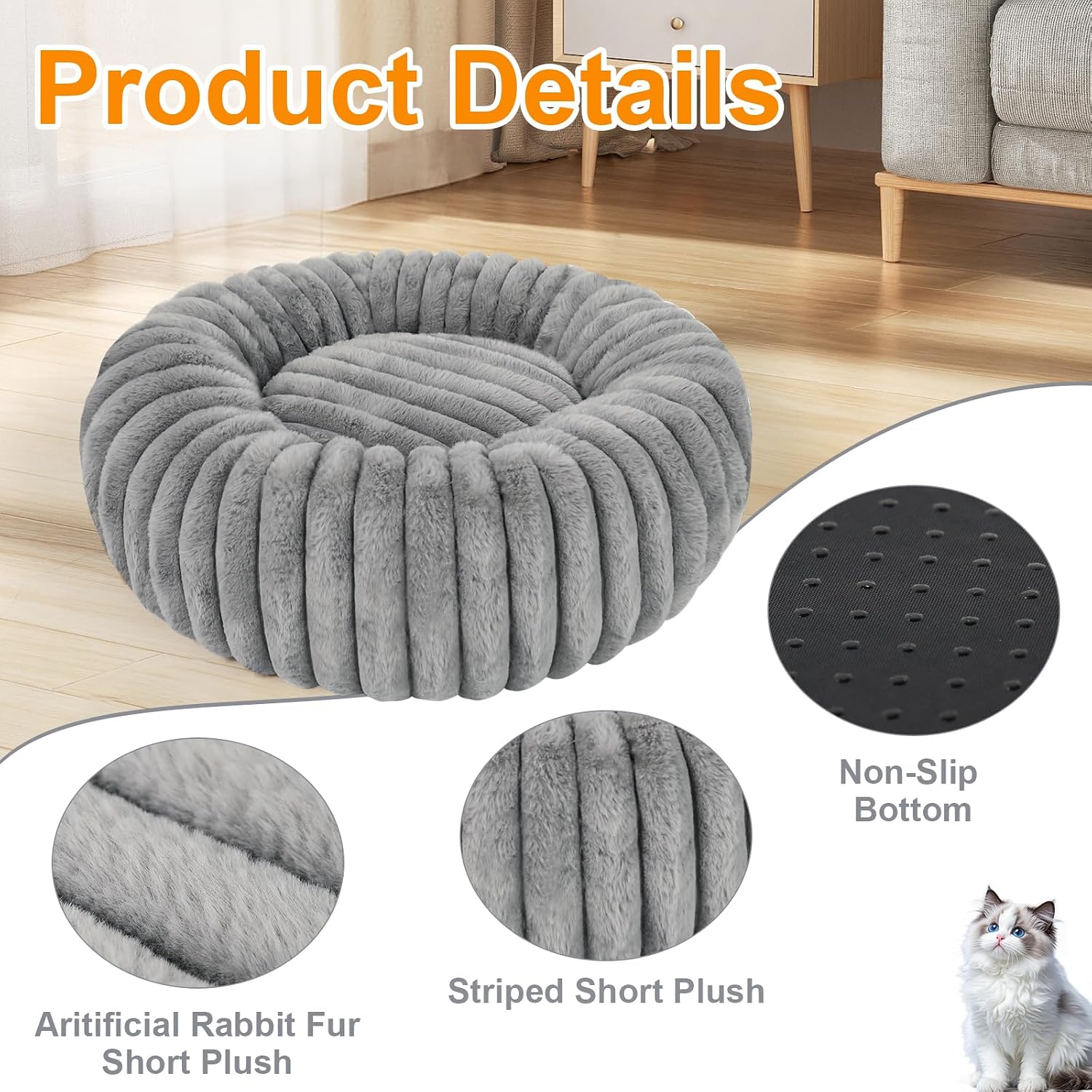 Small Washable Calming Round Donut Pet Bed with Anti-Slip Bottom for Indoor Cats and Small Dogs, Gray