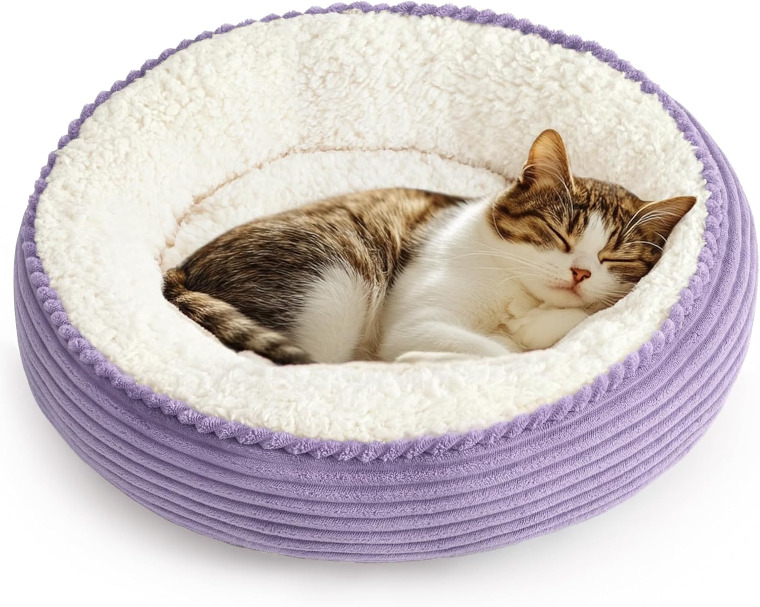 20-Inch Round Donut Cushion Bed with Water-Resistant Anti-Slip Bottom for Cats and Small Dogs, Lavender Stripe