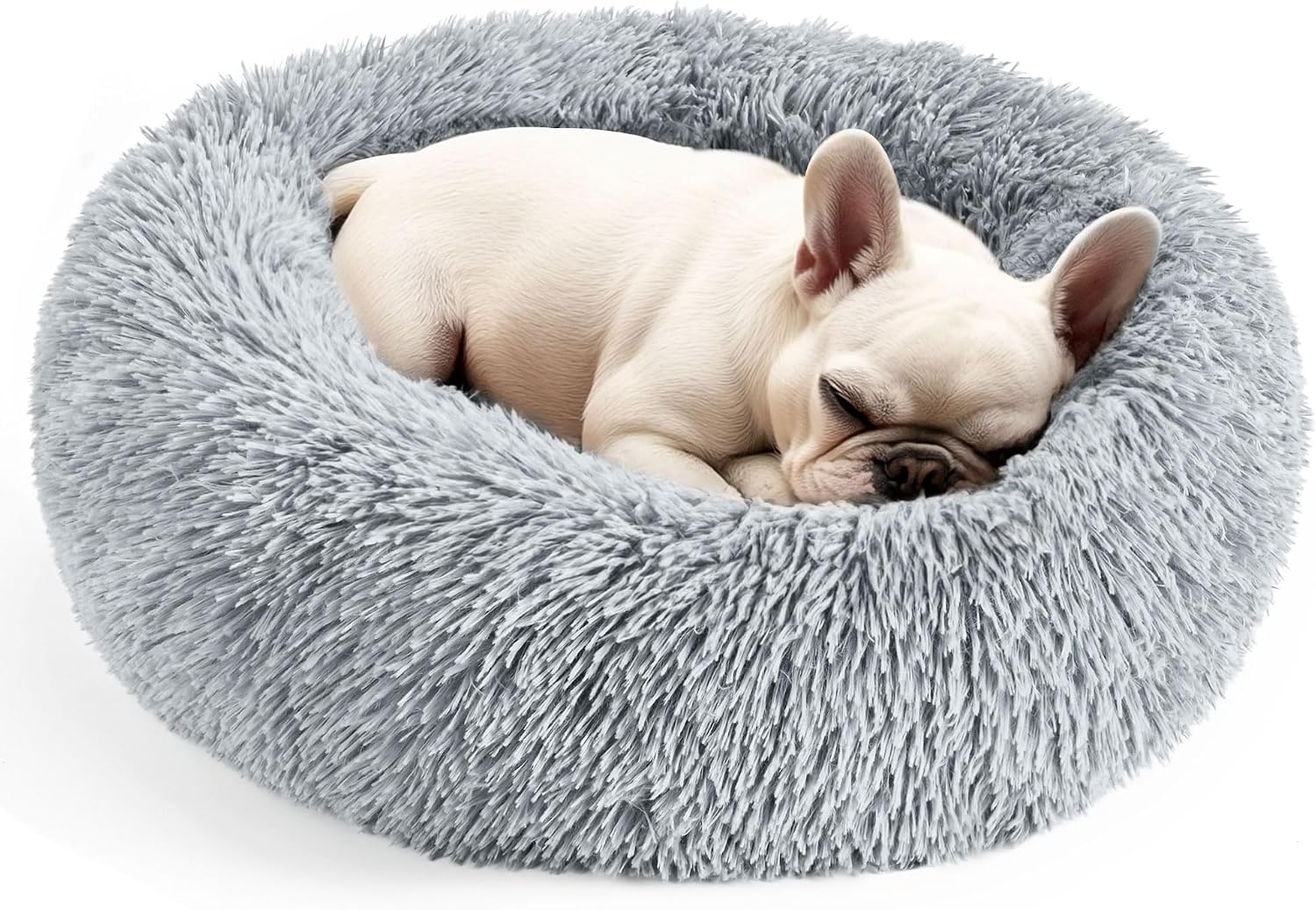 20-Inch Round Fluffy Calming Donut Pet Bed for Indoor Cats and Small Dogs, Washable, Light Gray