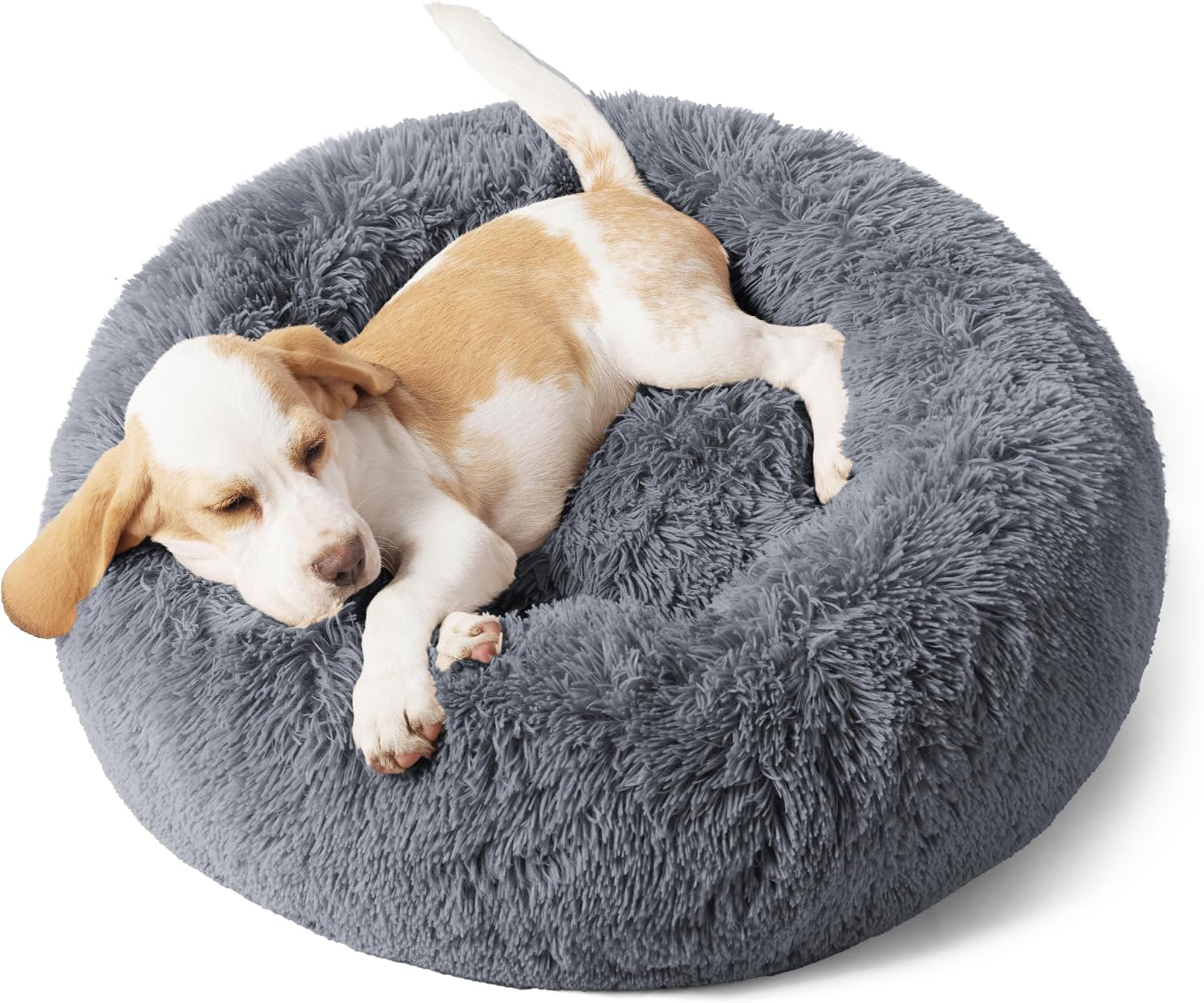 23-Inch Fluffy Faux Fur Donut Calming Cuddler Bed with Anti-Slip Bottom, for Pets up to 25 Lbs, Dark Gray