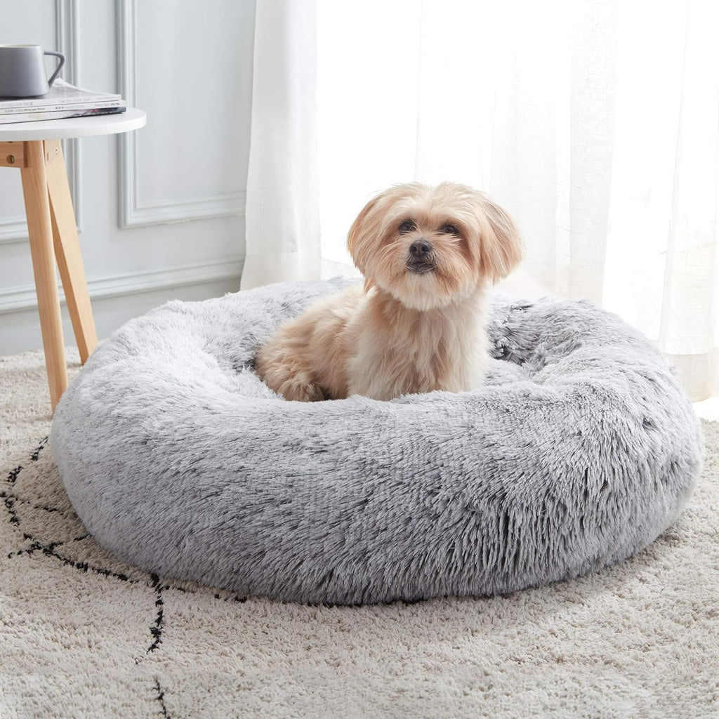 20-Inch Self-Warming Fluffy Faux Fur Round Cuddler Bed with Anti-Slip Bottom for Small Pets, Light Gray