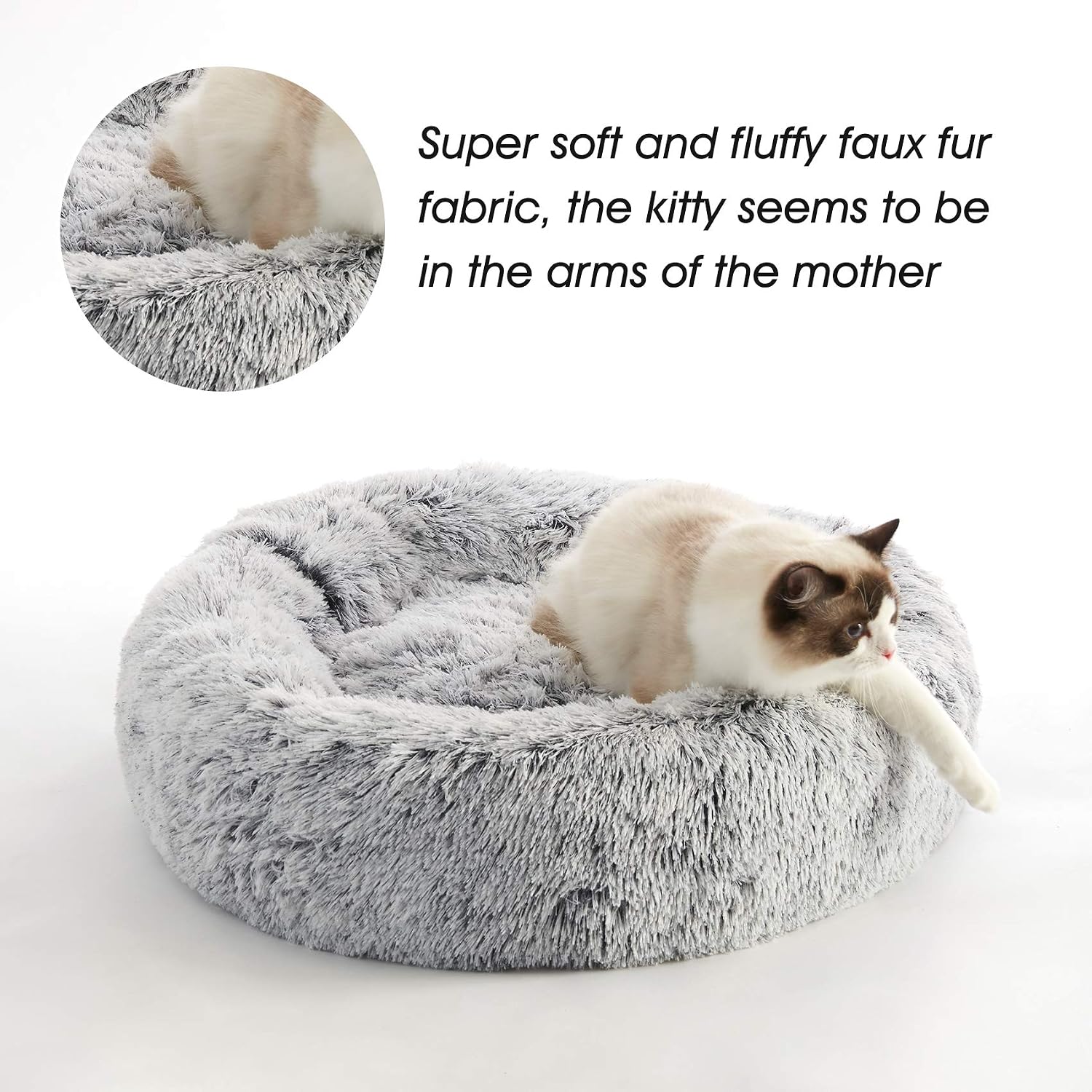 20-Inch Self-Warming Fluffy Faux Fur Round Cuddler Bed with Anti-Slip Bottom for Small Pets, Light Gray