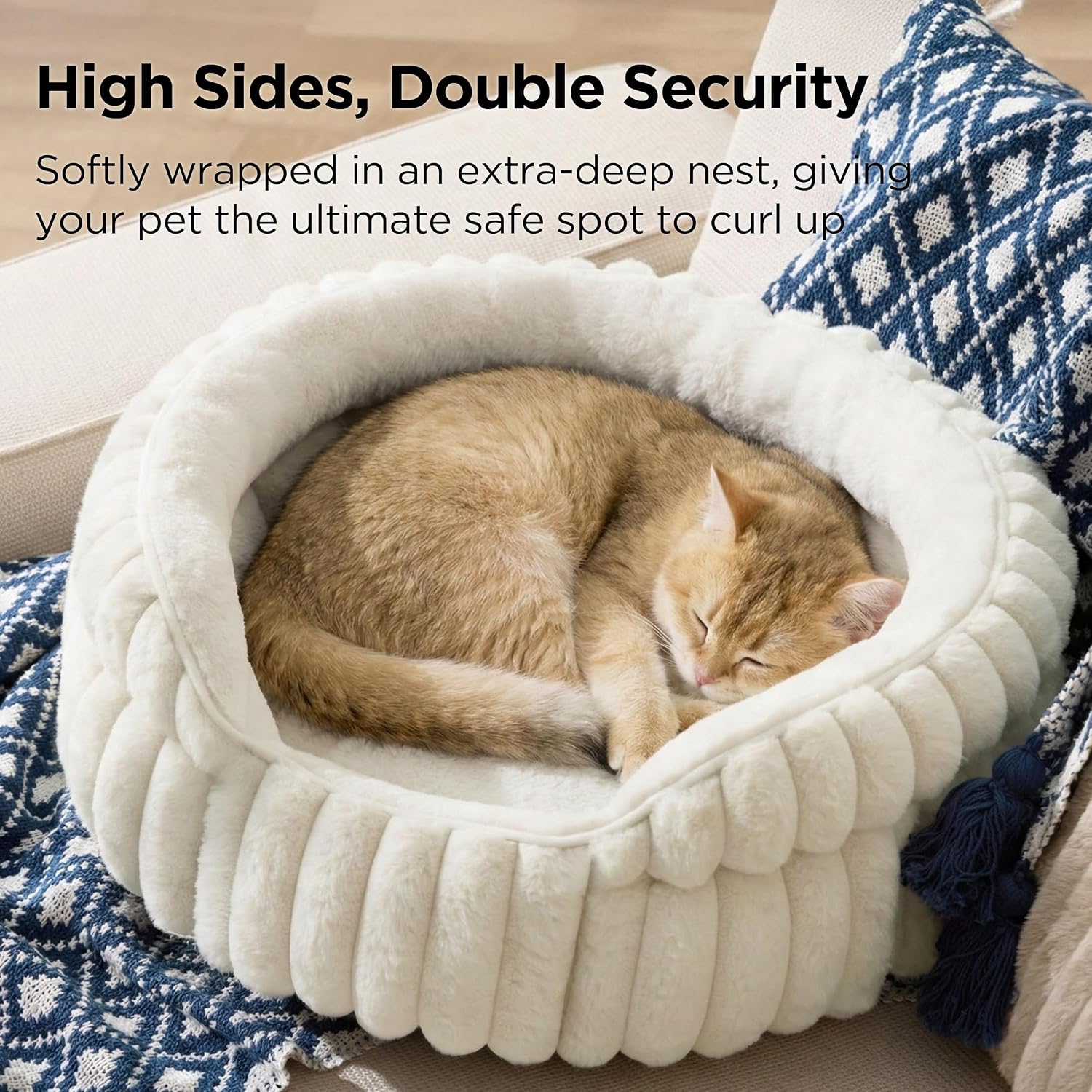 20-Inch Soft Round Donut Cuddler Pet Bed with Cozy Fleece and Anti-Slip Bottom, for Cats up to 15 Lbs, Cream