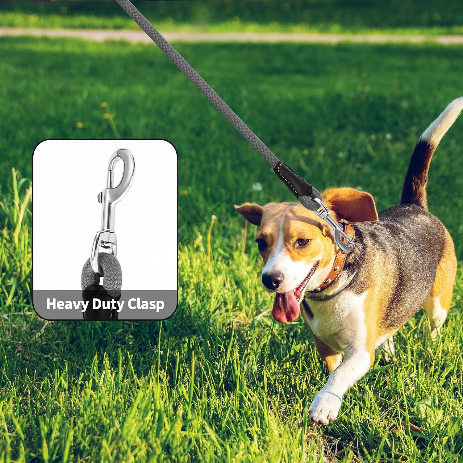 Dog Leash | Strong Rope Dog Leash w Premium Leather Tailor Handle | 4 Feet Dog Leash w Heavy Duty Clasp | Grey Rope Leash for Small Medium Large Dogs | Diameter 1/2"