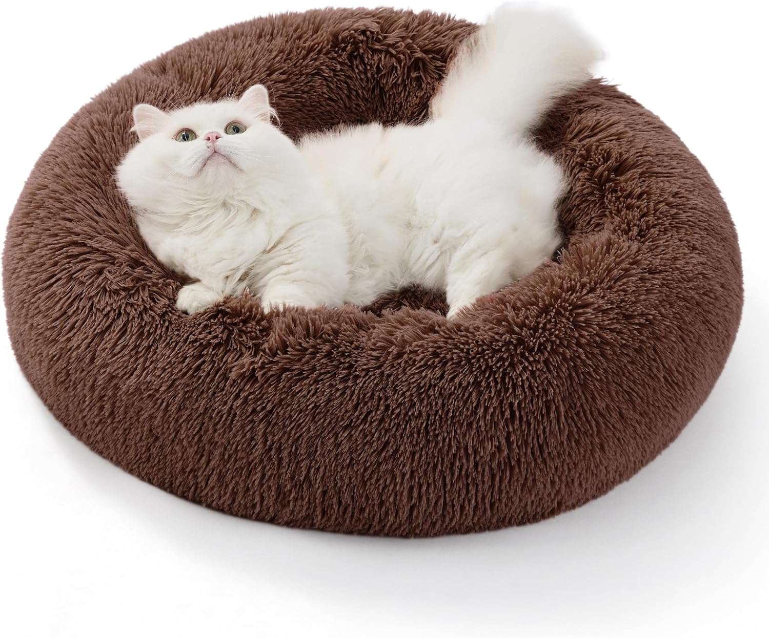 20-Inch Washable Round Donut Calming Cuddler Bed with Anti-Slip Bottom for Indoor Cats, Brown